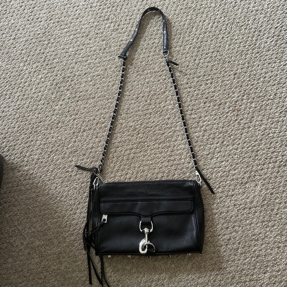 REBECCA MINKOFF MINI MAC BLACK LEATHER CROSSBODY/SHOULDER BAG SILVER CHAIN - Picture 1 of 2